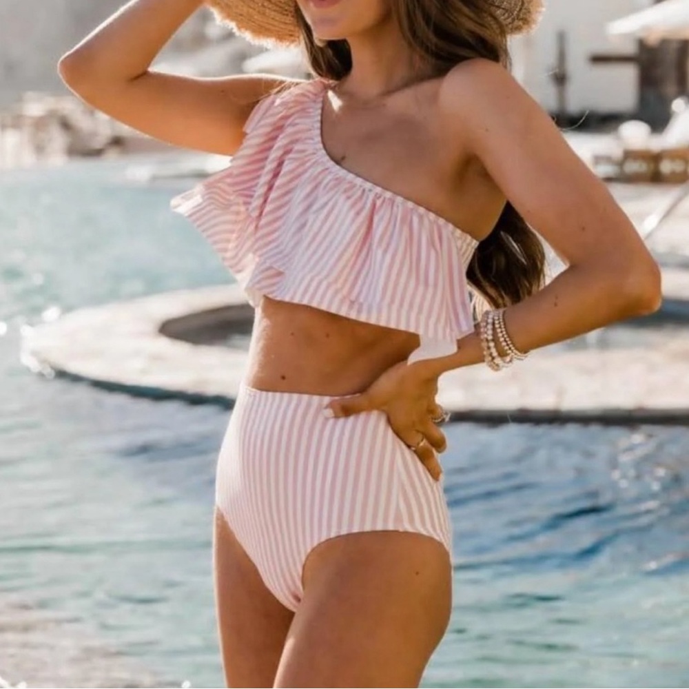 Pink Lily One-Shoulder Striped Bikini - Pink and White